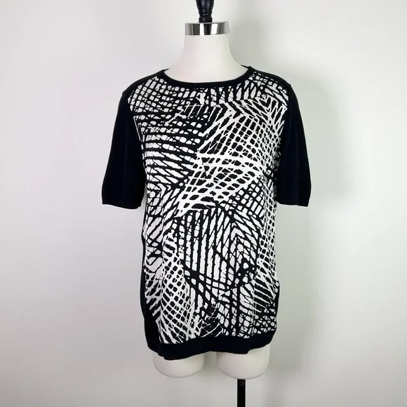 Nordstrom Blouse Top Womens Large Silk Cashmere Sweater Short Sleeve Black White - Picture 1 of 10